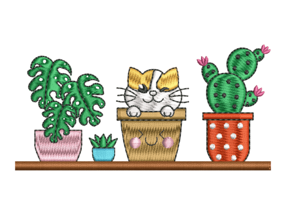 Cute Cat Cactus Embroidery Design