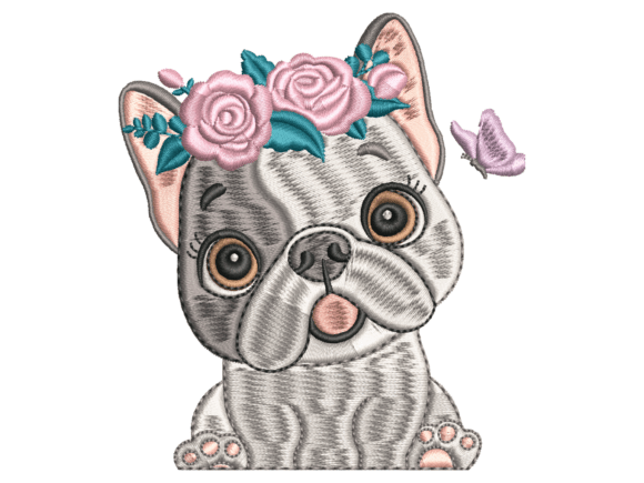Cute Floral Bulldog Embroidery