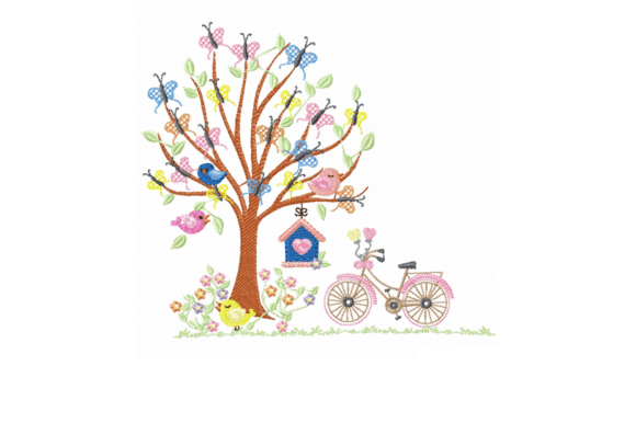 Spring Tree Birds Bicycle Embroidery